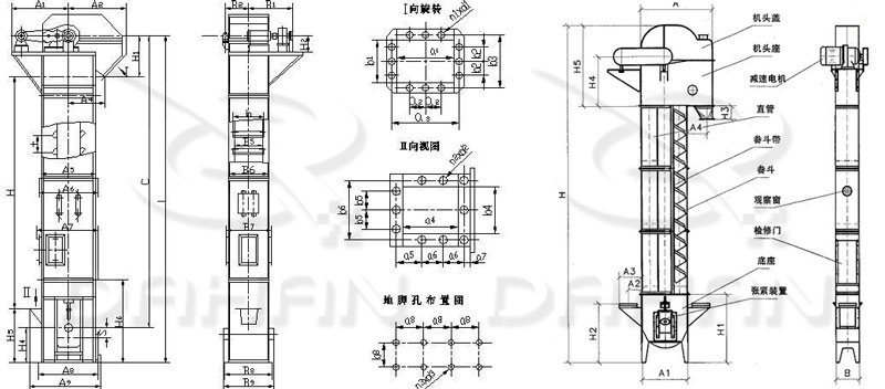 TD/D型斗式提升機(jī)基本結(jié)構(gòu):機(jī)頭蓋，機(jī)頭座，減速電機(jī)，直管，底座，緊張裝置等。