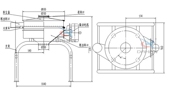 單振源直排篩機構和持續(xù)：防塵蓋（mm）：800進料口（mm）：200結構;防塵蓋，大束環(huán)，支架，振動電機，進料口等。