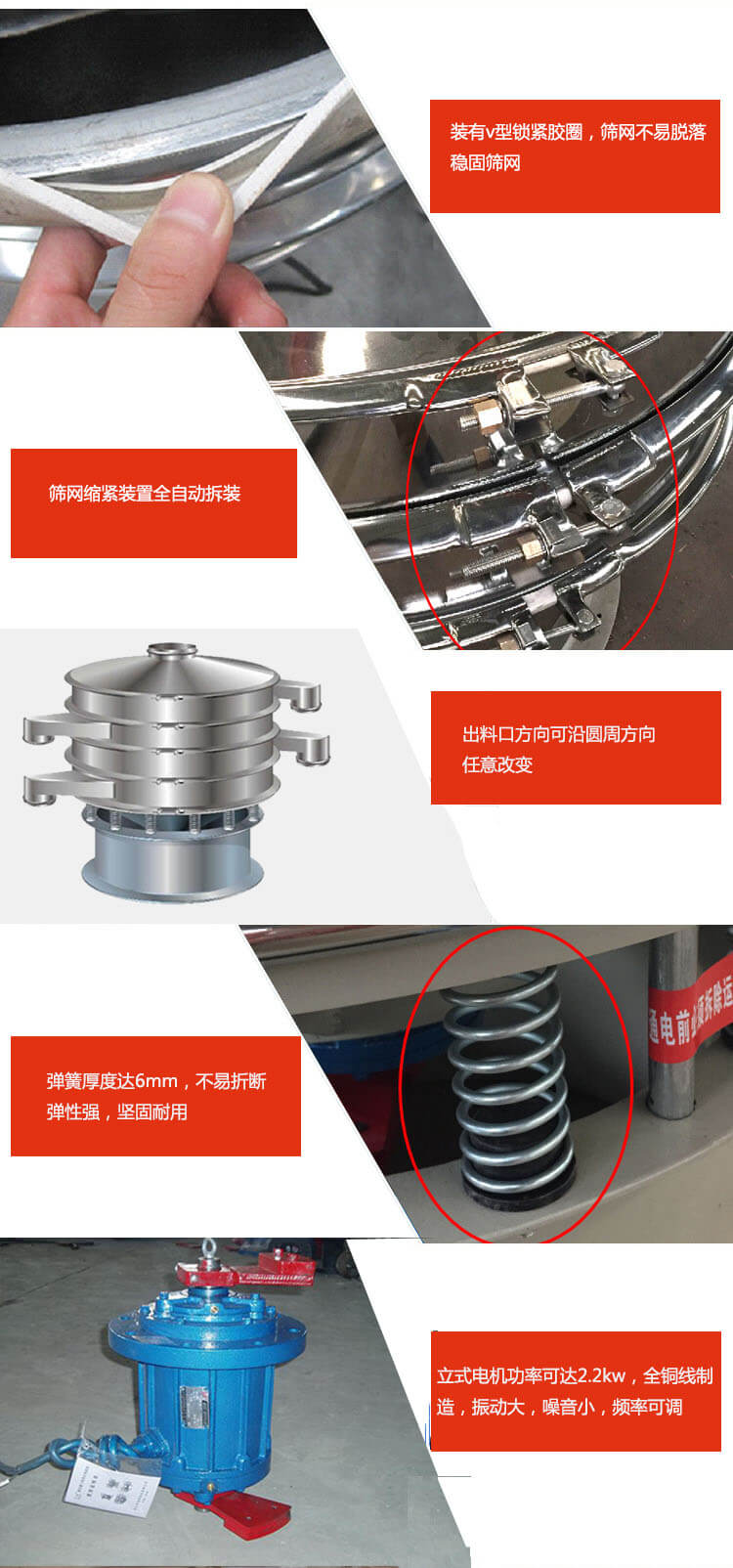 裝有V型鎖緊膠圈，使篩網(wǎng)不易脫落穩(wěn)固篩網(wǎng)，篩網(wǎng)鎖緊裝置，全自動(dòng)拆裝，出料口方向可沿圓周方向任意改變。彈簧厚度達(dá)6mm，不易折斷，彈性強(qiáng)，堅(jiān)固耐用。專(zhuān)業(yè)的振動(dòng)電機(jī)，全銅線制造，振動(dòng)大，機(jī)械噪音小，頻率可調(diào)。產(chǎn)品對(duì)比:材質(zhì)：大漢振動(dòng)篩廠家采用304不銹鋼材質(zhì)耐腐蝕性，耐熱性強(qiáng)。個(gè)別廠家采用其它金屬材質(zhì)，耐腐蝕性，耐熱性差蒸發(fā)緩慢，烘干效率較低。大漢振動(dòng)篩廠家采用金屬編織網(wǎng)，篩分精度高，效率高，篩網(wǎng)利用率高。