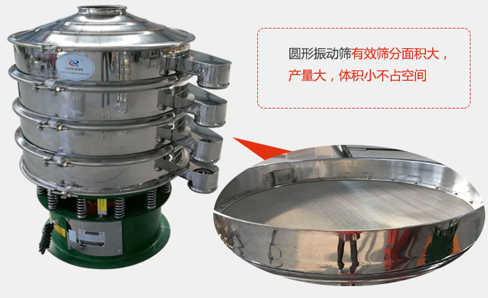 圓形振動篩有效篩分面積大，產量大，體積小不占空間。
