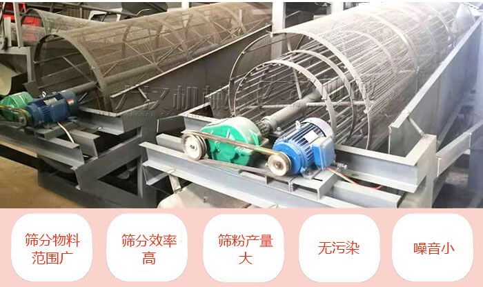 滾筒篩分機主要特點：篩分物料范圍廣，篩分效率高，篩分產(chǎn)量大，無污染，噪音小。