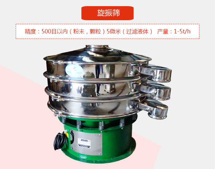 旋振篩精度：500目以內(nèi)（粉末，顆粒）5微米（過濾液體）產(chǎn)量：1-5t/h