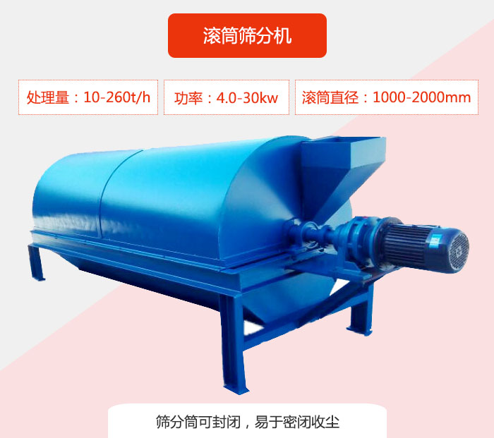 滾筒篩分機：處理能力：10-260t/h  功率：4.0-30kw 滾筒直徑：1000-2000mm 篩分筒可封閉，易于密閉收塵