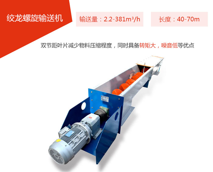 絞龍螺旋輸送機(jī)輸送量：2.2-381m3/h 長(zhǎng)度：40-70m 雙節(jié)距葉片減少物料壓縮程度，同時(shí)具備轉(zhuǎn)矩大，噪音低等優(yōu)點(diǎn)。
