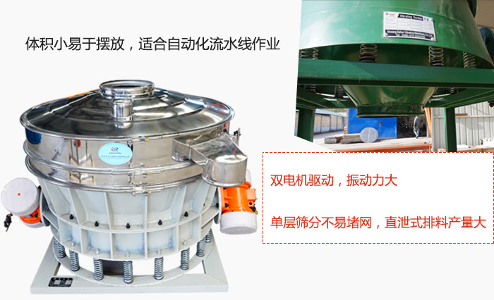 雙電機驅動，振動力大，單層篩分不易堵網，直泄式排料產量大