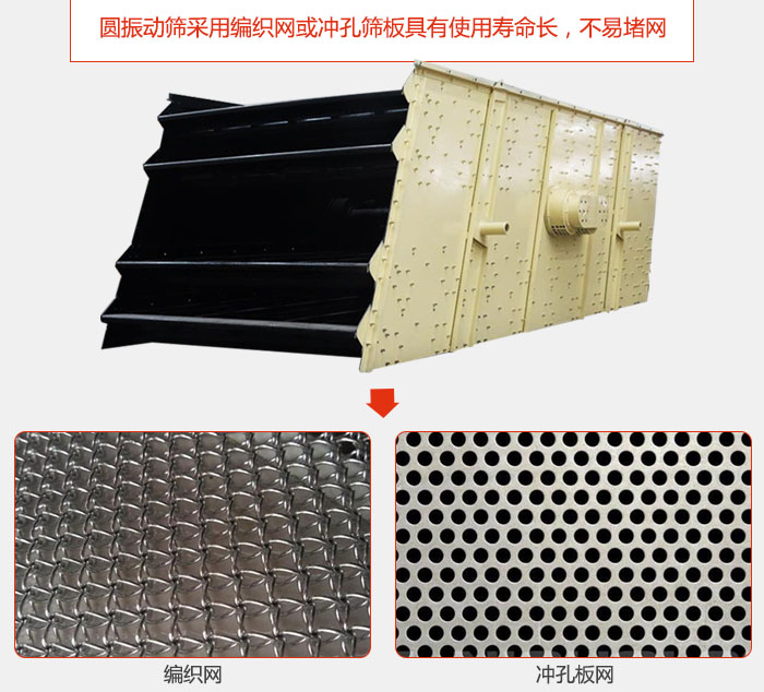 圓振動篩采用編織網(wǎng)或沖孔篩板具有使用壽命長，不易堵網(wǎng)。