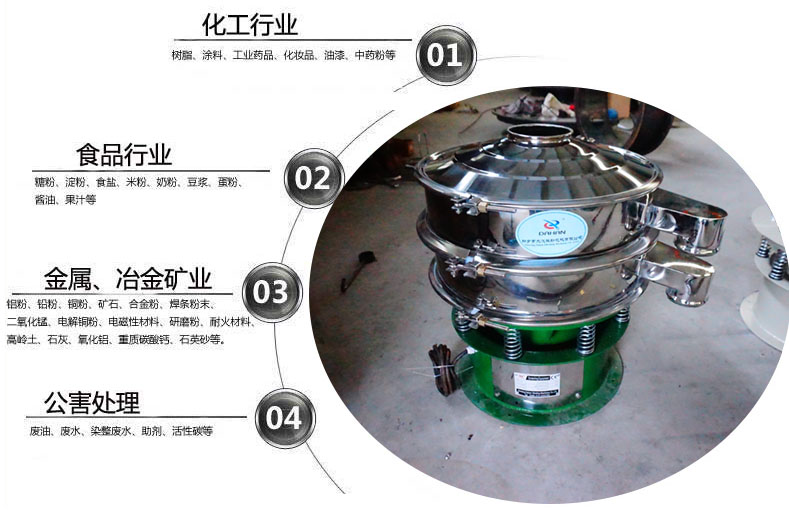 面粉振動篩粉機適用于化工，食品，金屬、冶金，公害處理等行業(yè)
