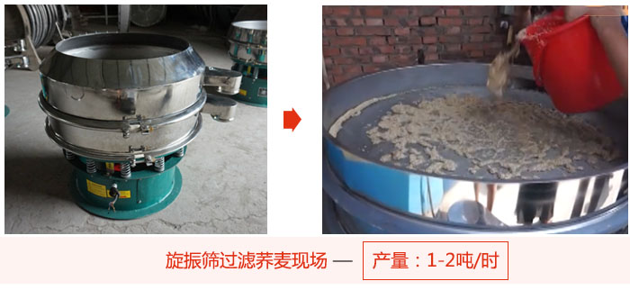 旋振篩過濾蕎麥現(xiàn)場，產(chǎn)量可達2噸每小時。