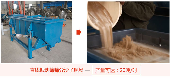 直線振動篩篩分沙子現(xiàn)場展示，產(chǎn)量高達20噸每小時。