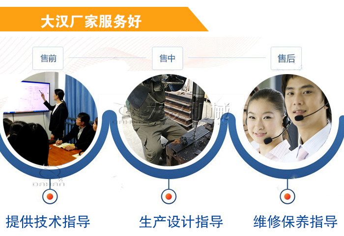 大漢廠家服務(wù)流程：售前-售中-售后：提供技術(shù)指導(dǎo)，生產(chǎn)設(shè)計(jì)指導(dǎo)，維修保養(yǎng)指導(dǎo)。