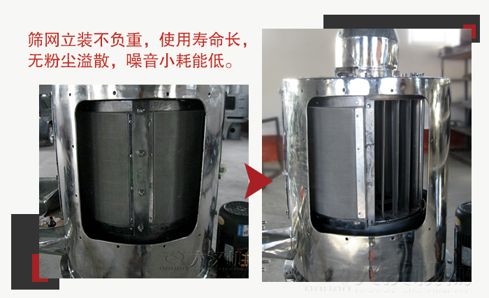 氣流篩采用立式篩網(wǎng)，不受物料的沖擊力的影響，篩網(wǎng)使用壽命長(zhǎng)