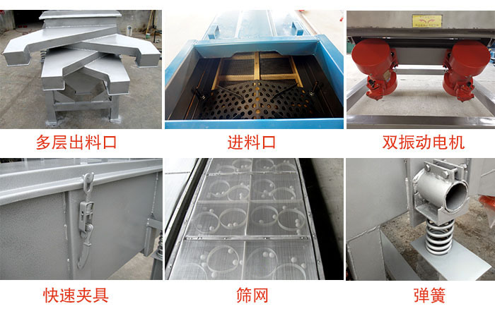多層直線振動(dòng)篩出料口，篩網(wǎng)，彈簧，快速夾具，振動(dòng)電機(jī)等