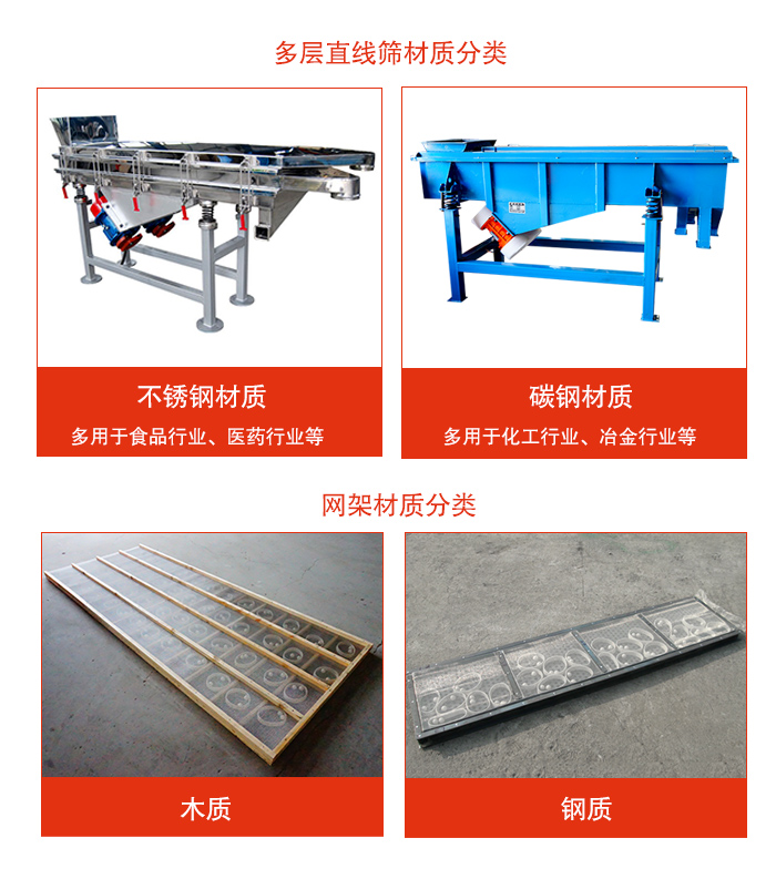 多層直線振動(dòng)篩材質(zhì)有：不銹鋼，碳鋼；網(wǎng)架材質(zhì)有木質(zhì)，鋼質(zhì)等。