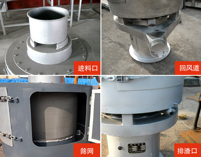 氣流篩分機(jī)進(jìn)料口，回風(fēng)道，篩網(wǎng)，排渣口。