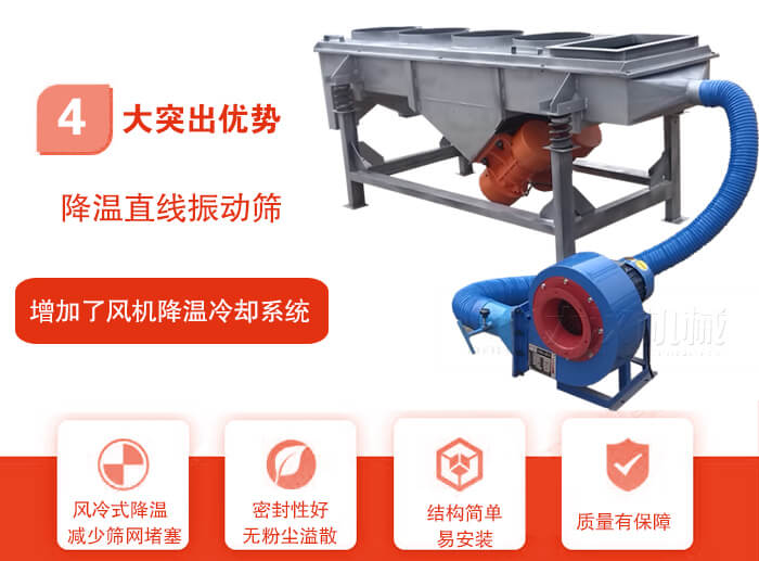 降溫直線振動篩性能特點：1，技術(shù)成熟，質(zhì)量可靠，篩分精度高，處理量大。2，風(fēng)冷式降溫系統(tǒng)設(shè)計，快速有效降溫。3，適用范圍廣，可應(yīng)用于各種需要降溫的物料。4，設(shè)計精巧合理，結(jié)構(gòu)簡單，易安裝，耗能少，噪音低5，篩網(wǎng)使用壽命長，換網(wǎng)更方便，快捷6，設(shè)備整體密封性好，無粉塵溢散。
