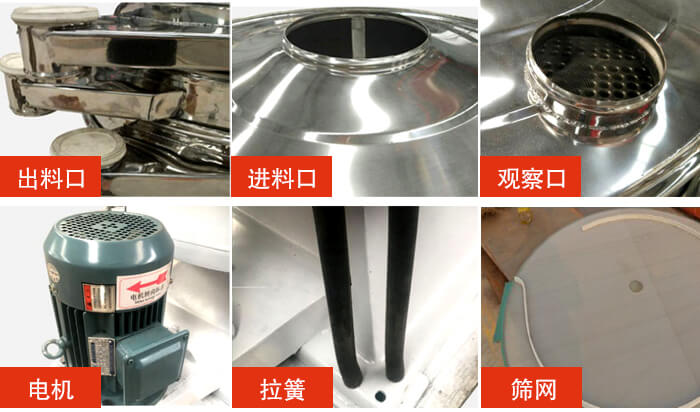 搖擺篩細(xì)節(jié)展示：出料口，進(jìn)料口，觀察口，電機(jī)，拉簧，篩網(wǎng)等。