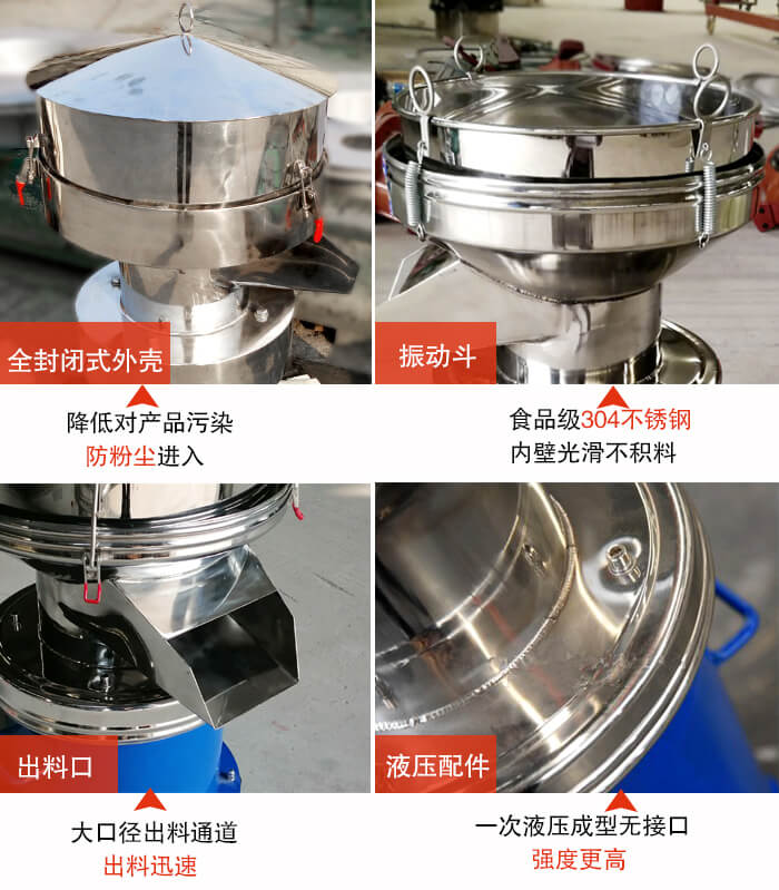 450過濾篩機(jī)結(jié)構(gòu)組成：全封閉式外殼設(shè)計(jì)：對(duì)產(chǎn)品的污染低，防塵粉進(jìn)入電機(jī)內(nèi)部延長(zhǎng)設(shè)備壽命。振動(dòng)斗：食品304不銹鋼篩斗，內(nèi)壁光滑不存在積料現(xiàn)象。出料口，大口徑出料通道，出料迅速，提高工作效率。液壓配件：一次液壓成型無接口強(qiáng)度更高。