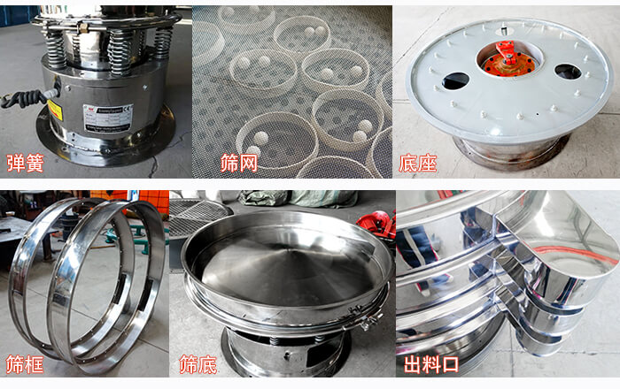 細(xì)節(jié)展示：篩框，篩網(wǎng)，振動(dòng)底座，振動(dòng)體，出料口。