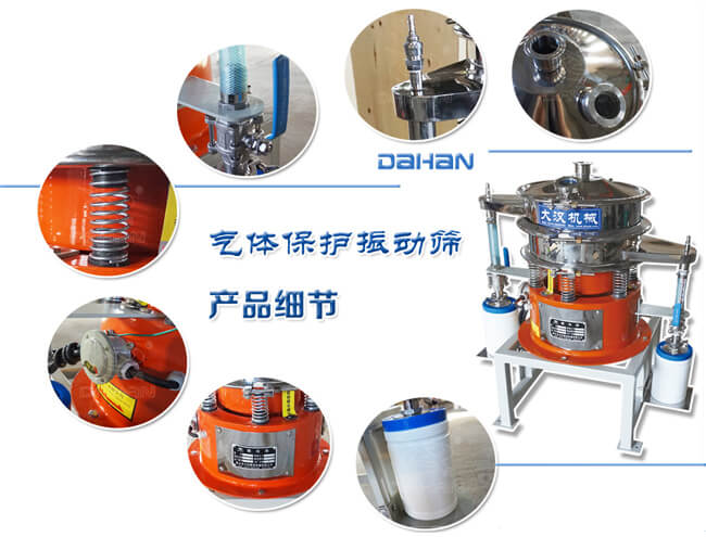 氣體保護振動篩細節(jié)：振動彈簧，手動閥門，料罐等。